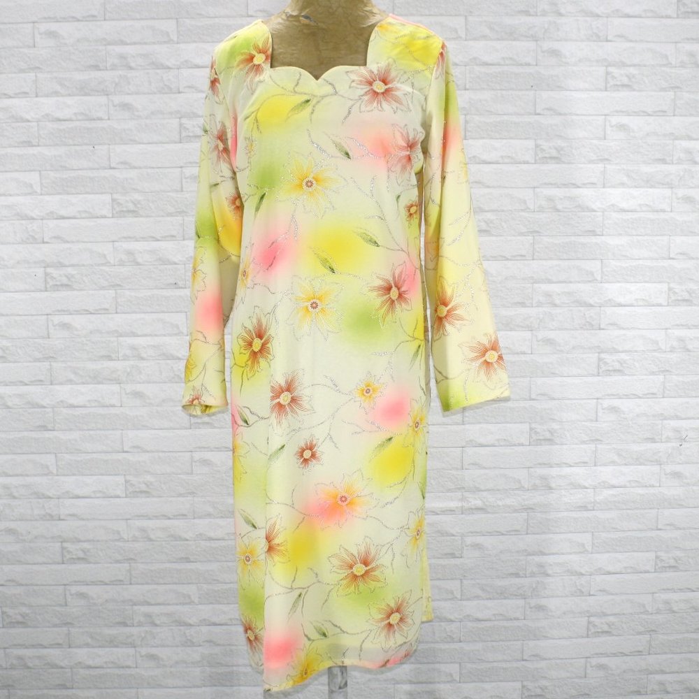 HANDMADE Kurta Tunic Dress Floral Silver Embroidered Top Yellow Peach Pink